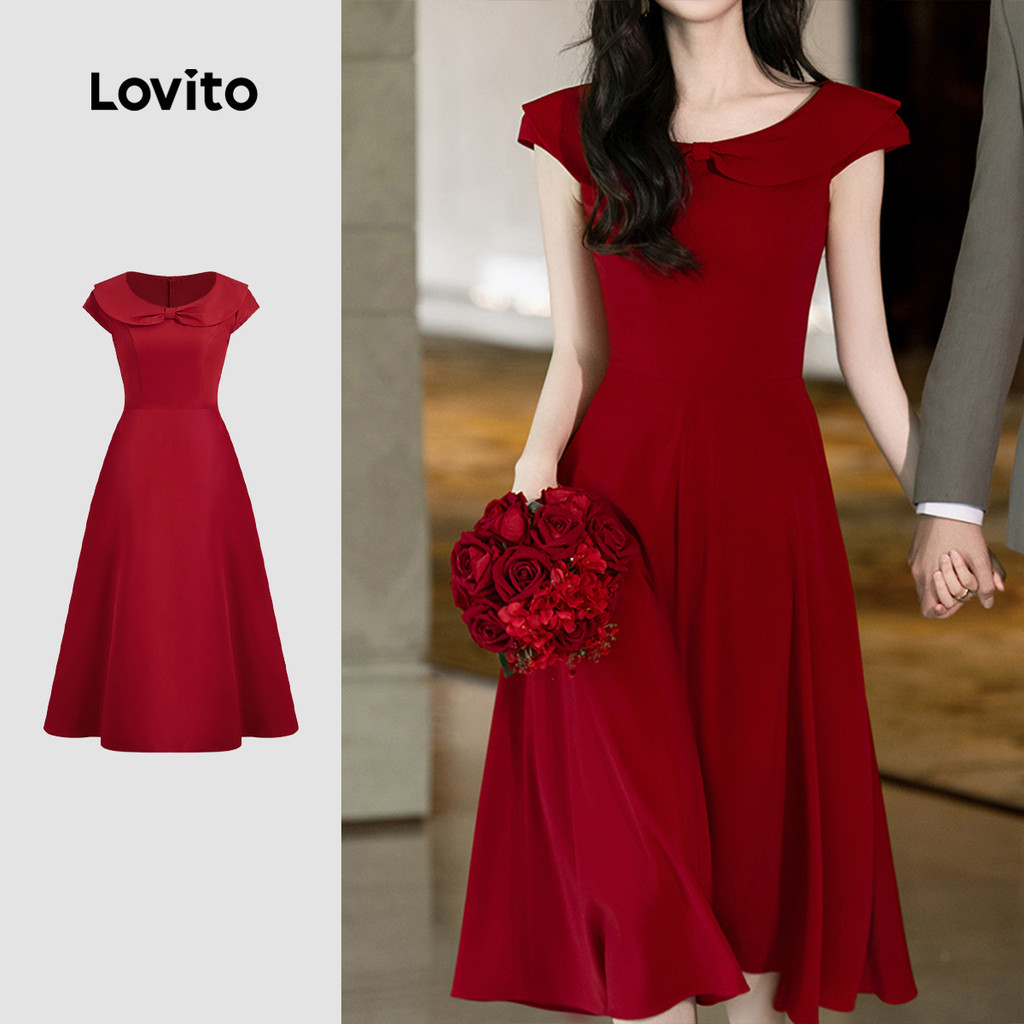 Lovito ชุดเดรสปาร์ตี้คริสต์มาสสุดหรูหรา คอผูก เนื้อผ้านุ่ม เดรสสีแดงฤดูใบไม้ผลิ/ฤดูร้อนสำหรับผู้หญิง L155AD1292