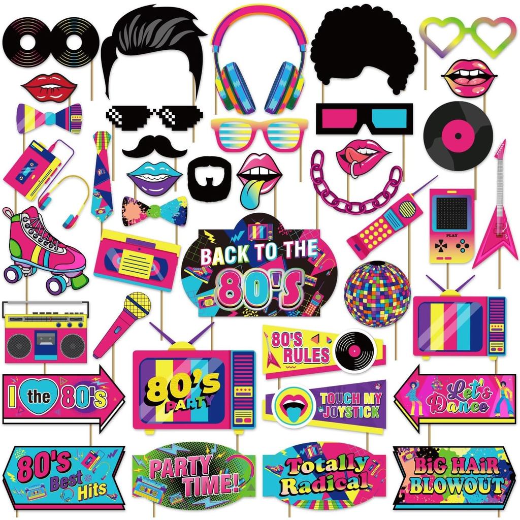 M AMFEOV 40 ชิ้น 80s Photo Booth Props, 80s Party ตกแต่ง 80s Props, 80s ตกแต่งวันเกิด Disco Party Ph