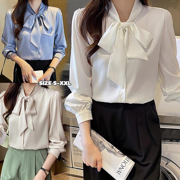 MIMI&DIDI#เสื้อเชิ้ตผูกโบว์ผ้าซาตินแฟชั่นพแขนยาวสีดำ เสื้อตัวบนสีขาวทำงานมืออาชีพที่หรูหรา สำหรับผู้หญิง#99248