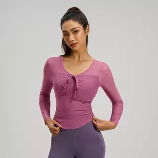 รุ่นใหม่ ArayaLady เสื้อแขนยาวผ้าซีทรู สปอร์ตบราในตัว เสื้อครอปโยคะแขนยาว AT-JYJC025