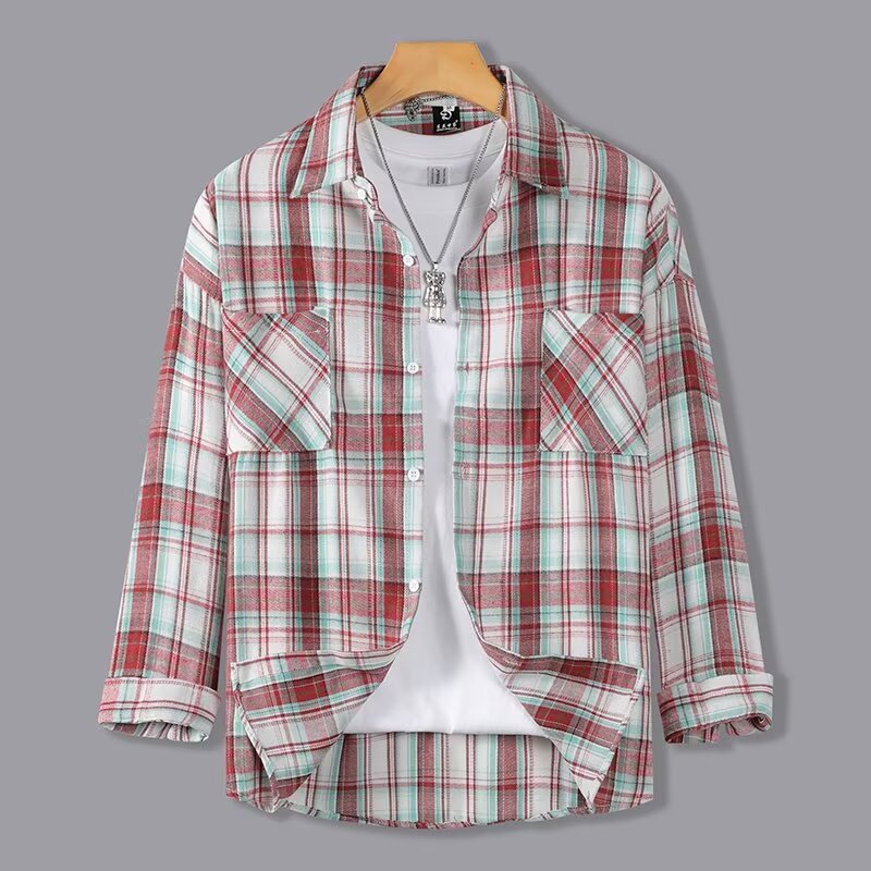 เสื้อสีดํา gq เสื้อเชิ้ต เสื้อเชิ้ตลายสก๊อตข้ามพรมแดนเสื้อเชิ้ตคอปกทรงหลวมสไตล์อเมริกันแบบใหม่ฤดูใบไ