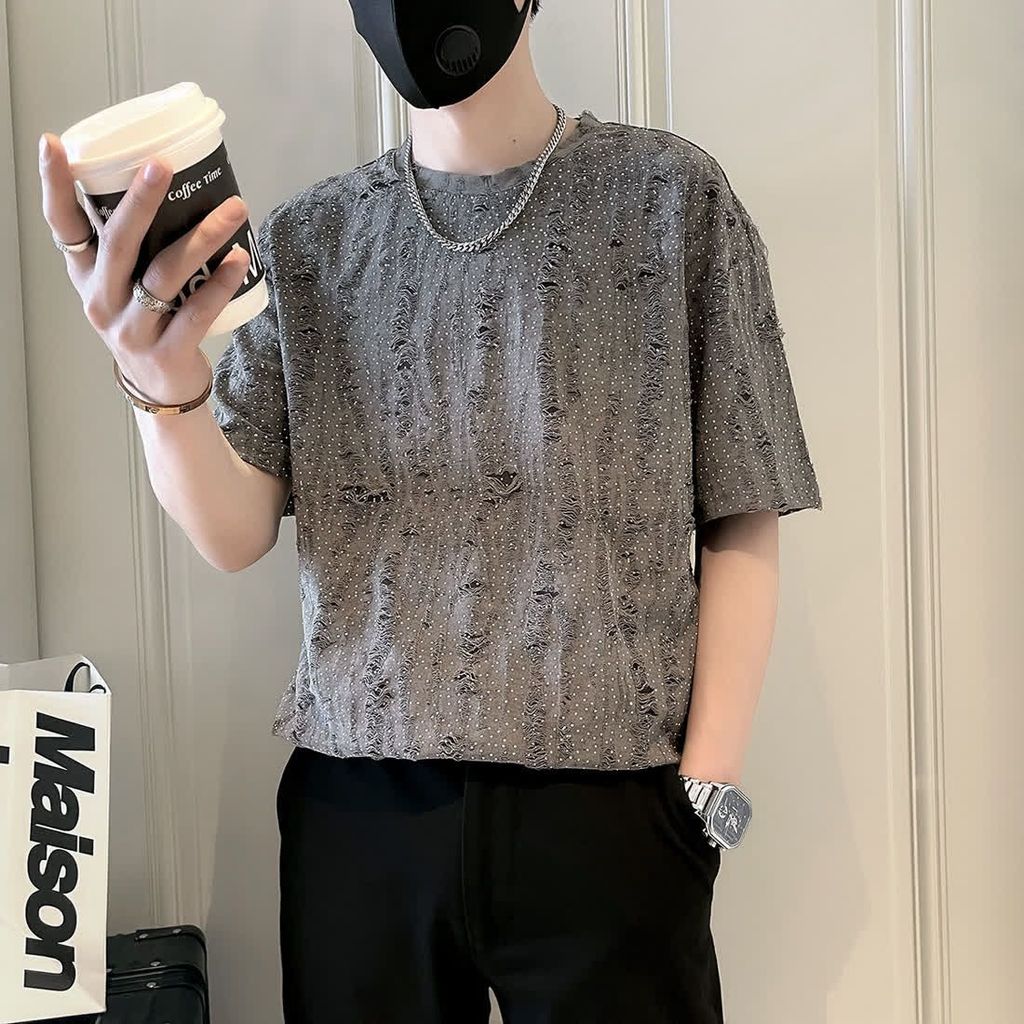 Gypsophila แขนสั้นผู้ชาย Design Street Wear Ruffian หล่อ Ripped เสื้อยืดลําลองสไตล์บางผ้าไหมน้ําแข็ง