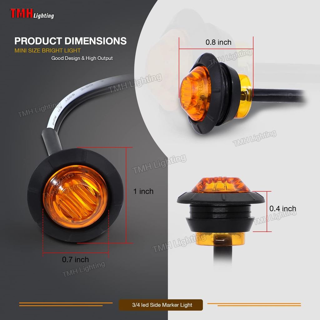 TMH 50 pcs 3/4 Inch Mount Amber 3 LED Mini Round Trailer Side Marker Indicator Lights Clearance Butt