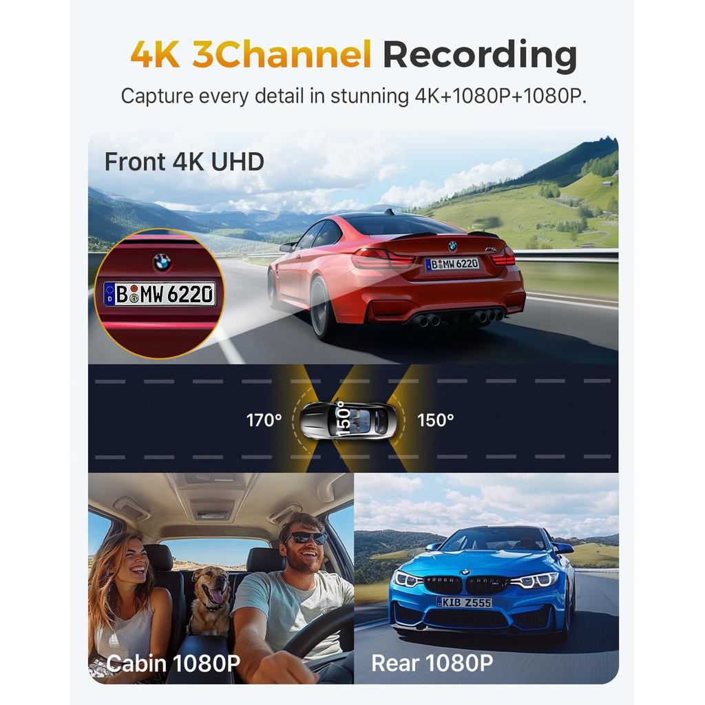 GKU 4K 3 Channel Dash Cam, 5.8GHz WiFi Built-in GPS, 4K+1080P+1080P Dash Cam Front and Rear Inside, 