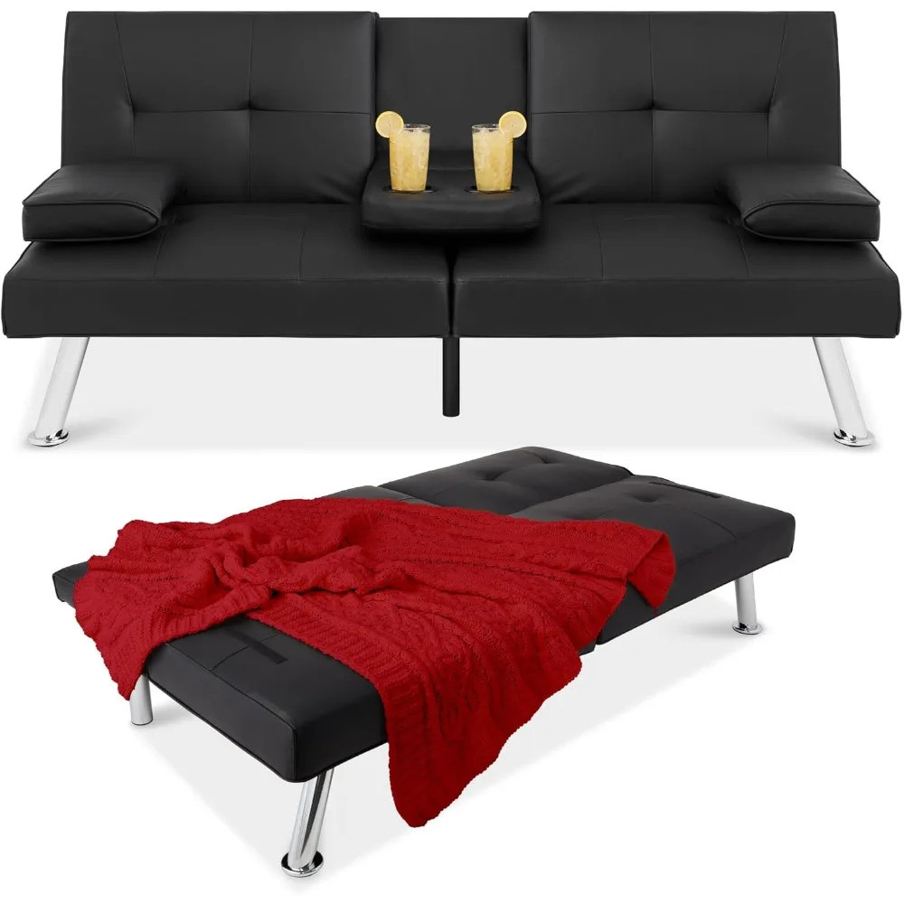 หนัง Faux อุปถัมภ์ Modern Convertible Futon ปรับพับโซฟาเตียง Guest Bed W/ที่ถอดออกได้ที่เท้าแขน Top 