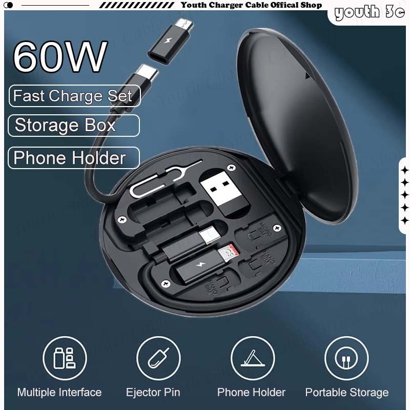 60W Fast สายชาร์จอะแดปเตอร์ชุดสายเคเบิลข้อมูลสําหรับ ios/Type C/Micro 4-in-1 แบบพกพากล่องเก็บสายเคเบิลข้อมูลมัลติฟังก์ชั่นพร้อมการ์ด Pin Holder