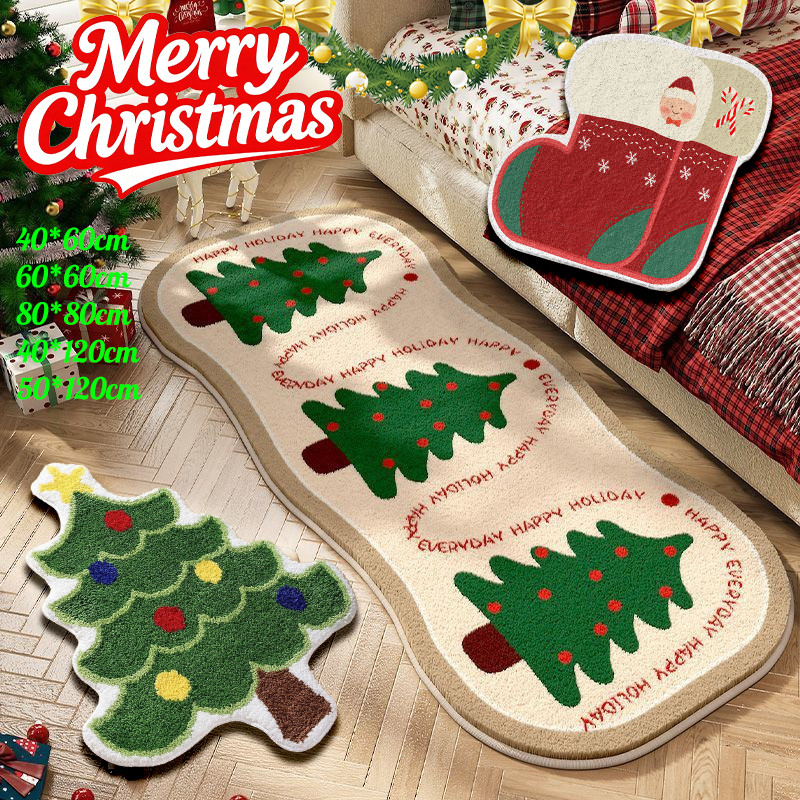 พรมคริสต์มาสแคชเมียร์เทียม นุ่มสบายเท้า กันลื่น ข้างเตียง และตกแต่งบ้าน ต้นคริสต์มาส ขนาด 60/120cm