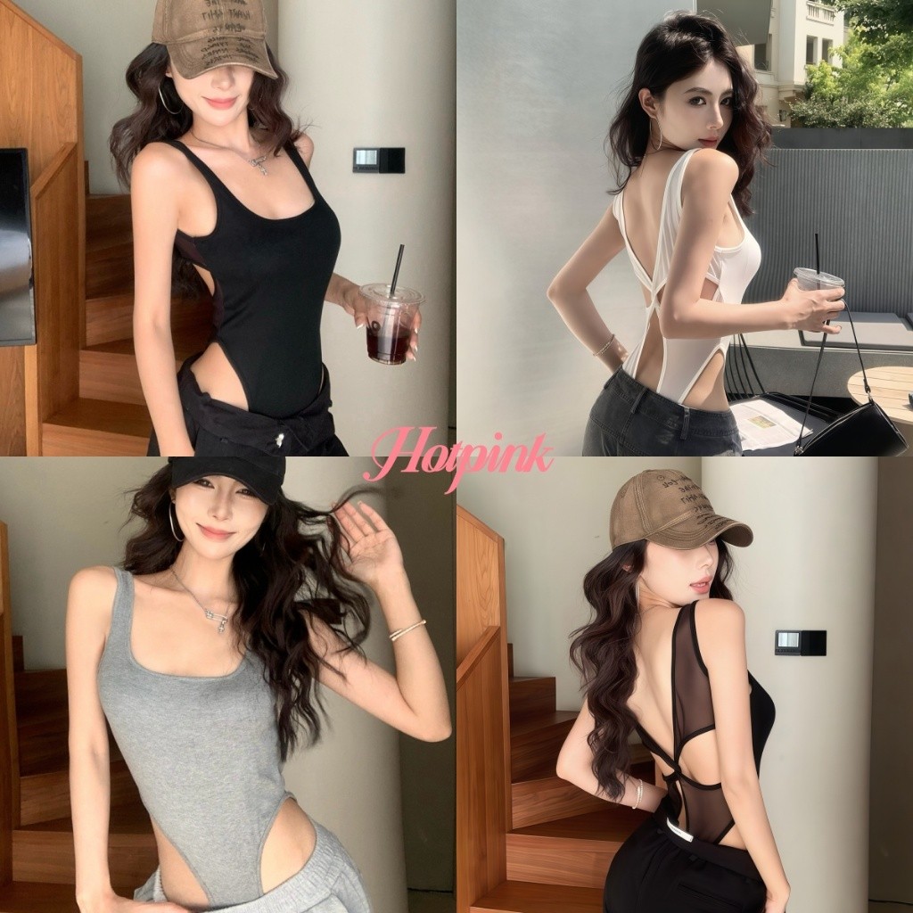 Hotpink ส่งจาก Bangkok🔥พร้อมแผ่นรองหน้าอก  Kink Halter Camisole Slim-fit Design  รู้สึกสาวร้อนด้านนอกสีเทา  Jumpsuit