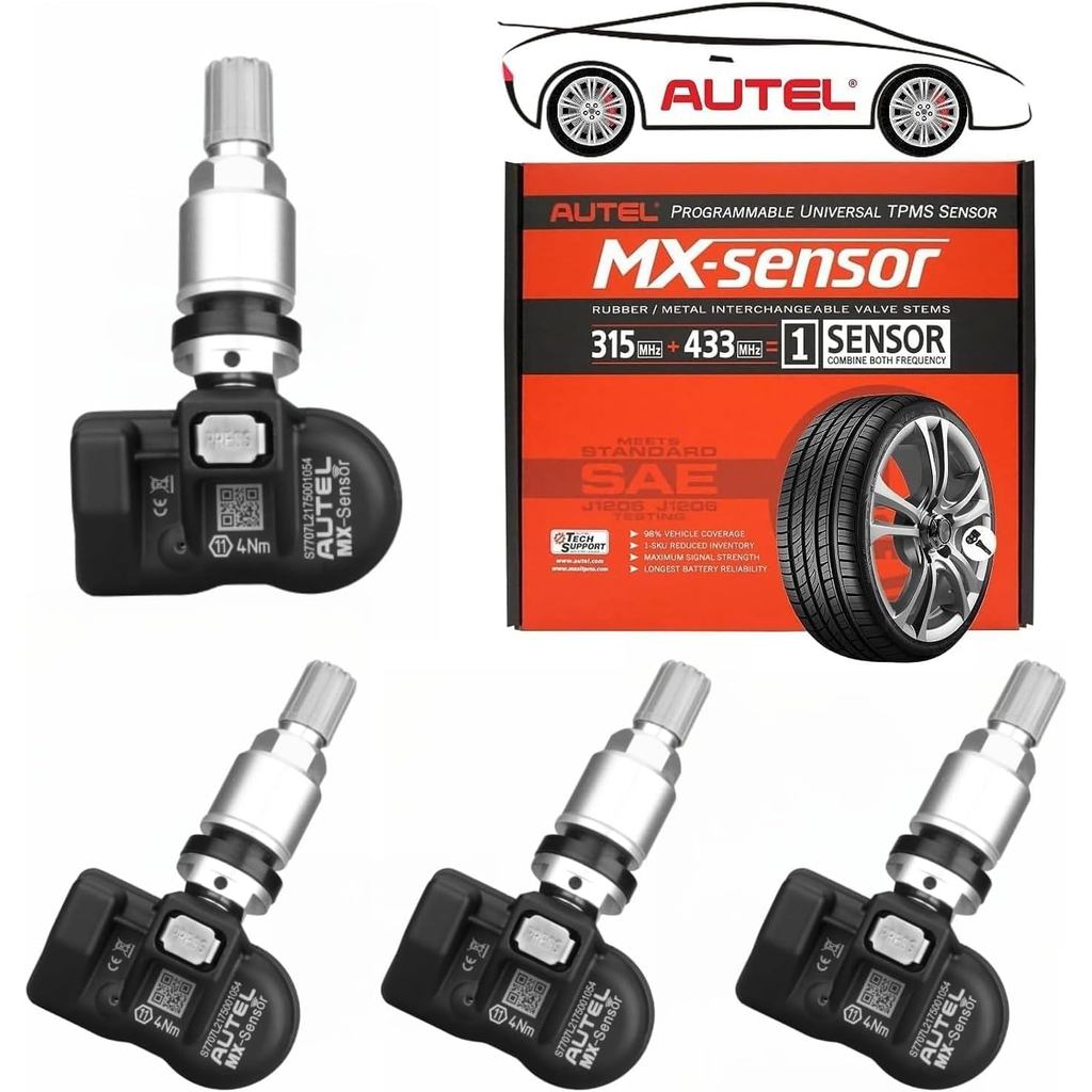 Autel MX Sensor 4 pcs เซ็นเซอร์ TPMS 315/433MHz ก้านโลหะ Universal เซ็นเซอร์ยางโปรแกรมโดย TPMS เครื่