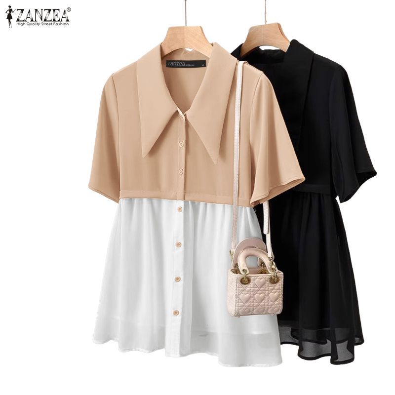 ZANZEA เสื้อเชิ้ตแขนสั้นผู้ชายปกเกาหลีสีตัดกัน