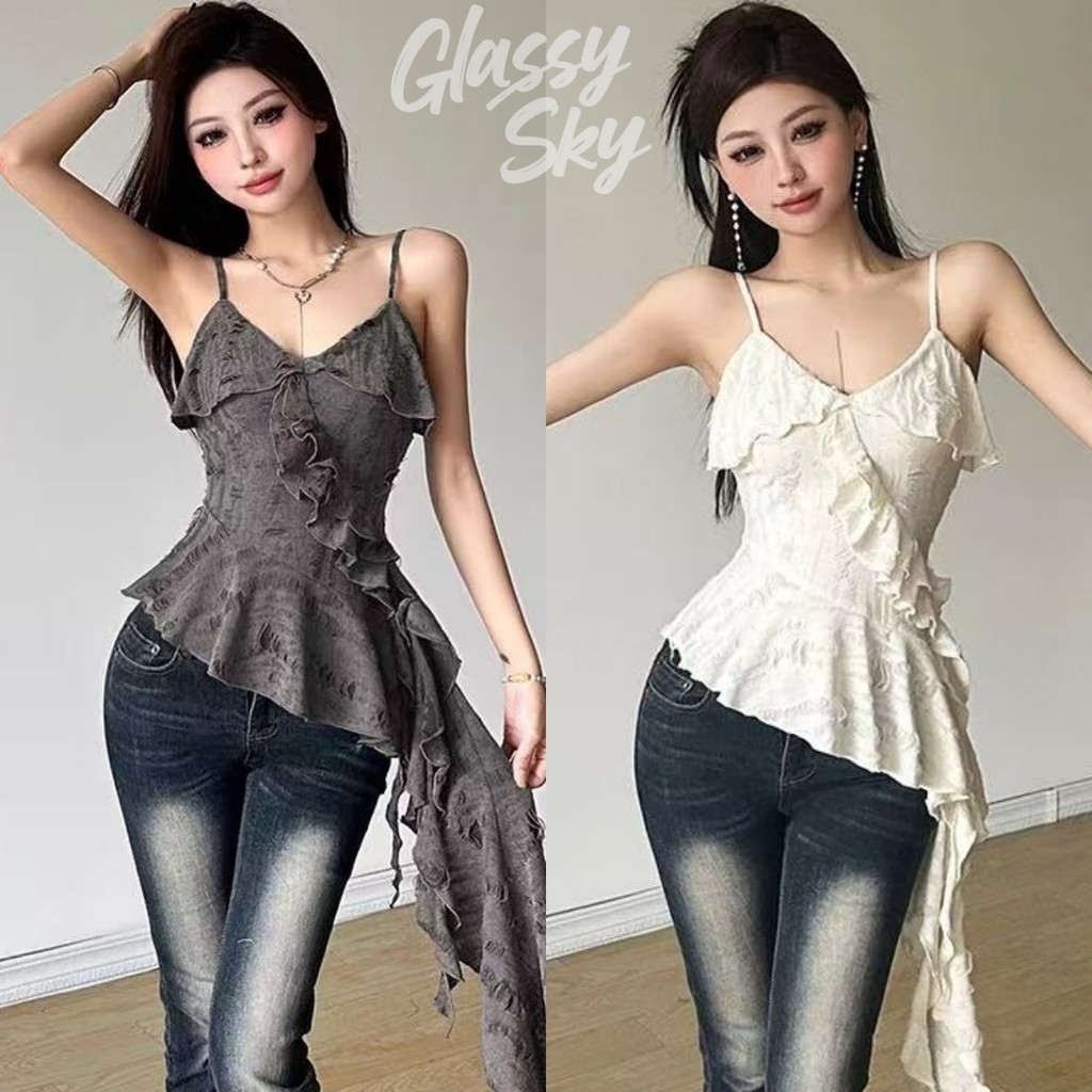 Glassy Sky😜ผู้หญิงเสื้อกล้ามสีทึบคอวีเปลือยสลิมฟิต Causal ยาว Camisole  สายเดี่ยว  เสื้อสายเดี่ยว สไตล์ลำลอง(56509)