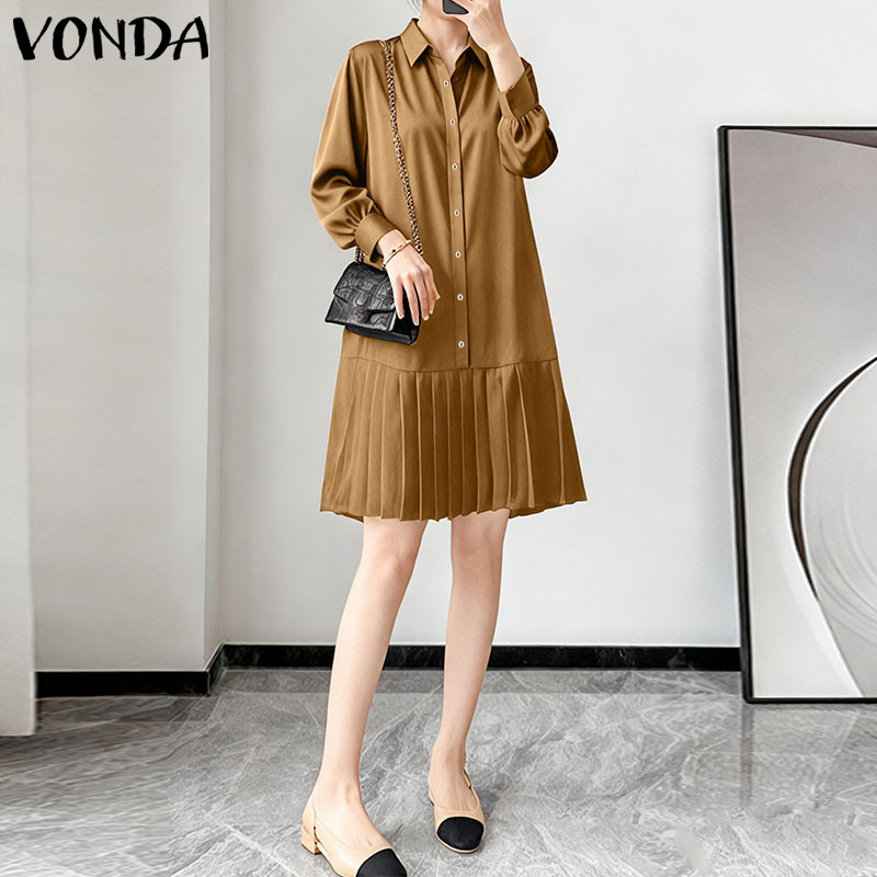 VONDA ผู้หญิงเสื้อสีทึบเกาหลี, แขนยาวแขนพองและชุดเดรสยาว Hem — صورة 5