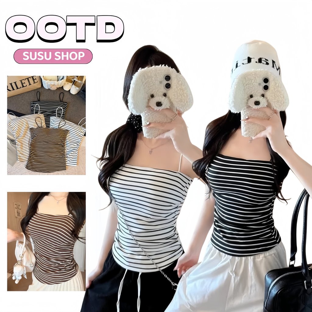 SuSu สายเดี่ยว ใส่สบาย ผ้ายืด ลายเส้น ด้วยฟองน้ำ ผ้านุ่ม ครอปแขนสั้น ราคา ถูกที่สุด ดีลบีเคเค