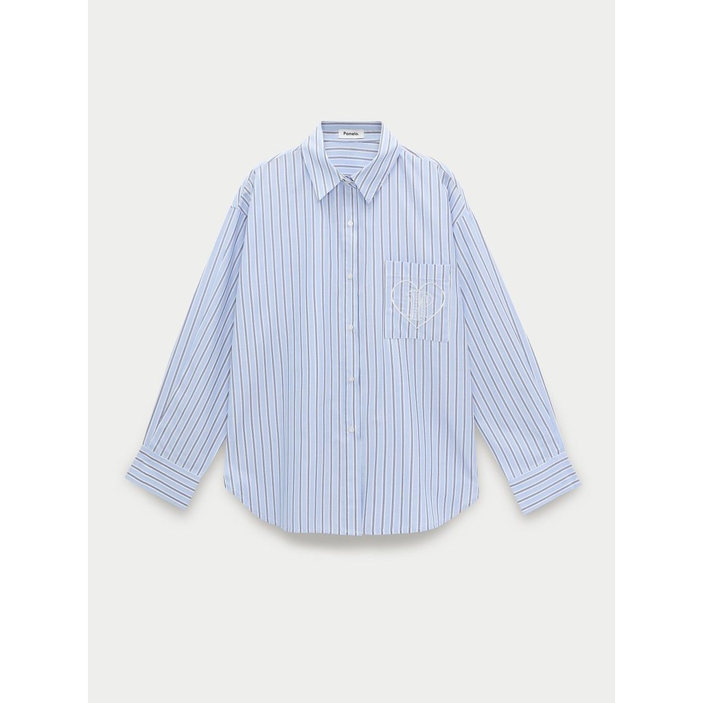 [Pomelo] เสื้อเชิ้ตลายทางดีเทลปักหัวใจ / Heart Embroidered Striped Shirt — صورة 5