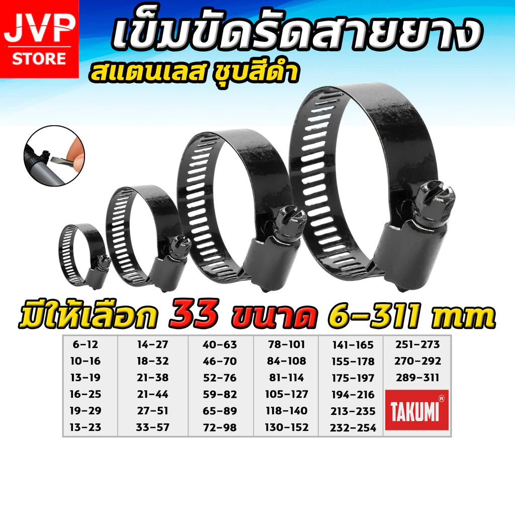 เข็มขัดรัดสายยาง TAJIMA สีดำ สแตนเลส ขนาด 6–311 มม. รัดแน่น ไม่เป็นสนิม ใช้ได้กับท่อ PVC รถ มอเตอร์ไซค์
