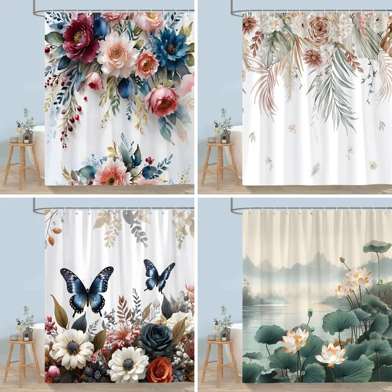 Pretty Floral Shower Curtain Blooming Flower Butterfly Lotus Polyester Fabric Home Shower Curtains B