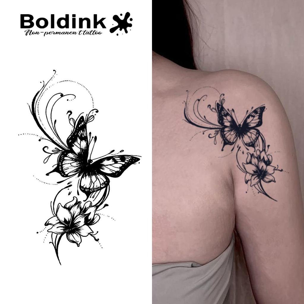 Boldink สติกเกอร์ลายผีเสื้อดอกไม้ กันน้ำติดทนนาน 7-15 วัน ดีไซน์มินิมอลสำหรับผู้หญิง