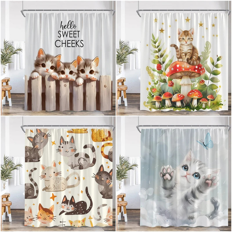 Cats Animal Print Shower Curtain Cartoon Cat Mushroom Hello Sweet Cheeks Modern Polyester Fabric Bat