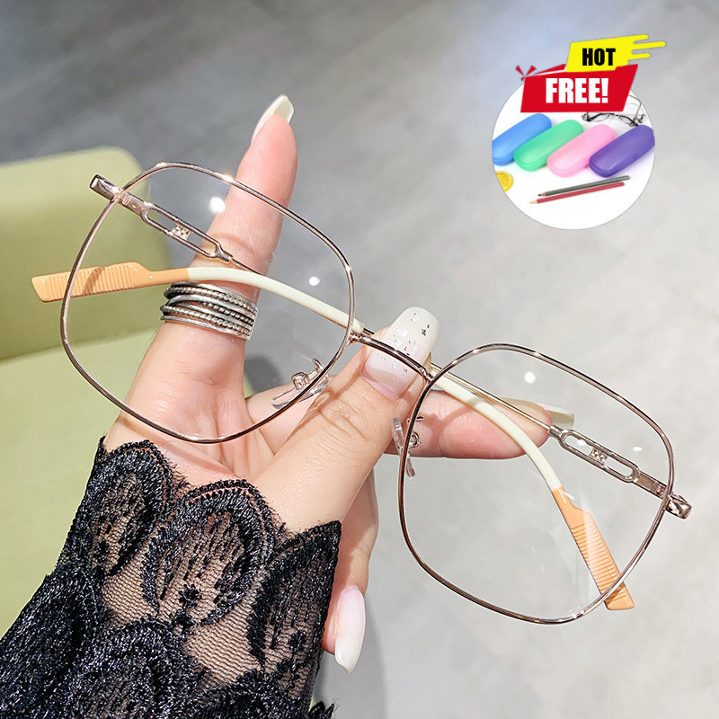 (แว่นตา + กล่องแว่น)แว่นตากรองแสงสีฟ้าสไตล์เรโทร -0.75°~-4。25° กรอบกลมใหญ่ สไตล์เกาหลี แว่นตากรองแสงสีฟ้า สำหรับผู้ชายและผู้หญิง 1144