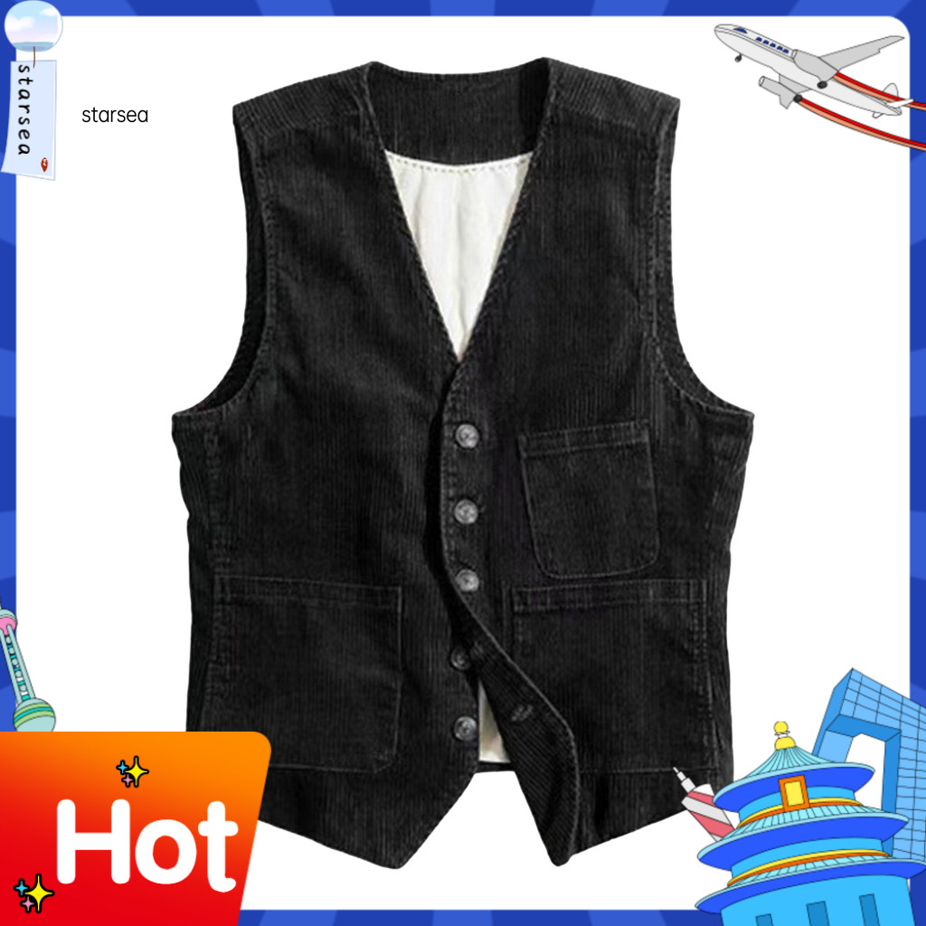 SRA ZK Casual Corduroy Vest ผู้ชายสไตล์อังกฤษเสื้อกั๊กสไตล์ผู้ชาย V คอ Corduroy เสื้อกั๊ก Multi-pock