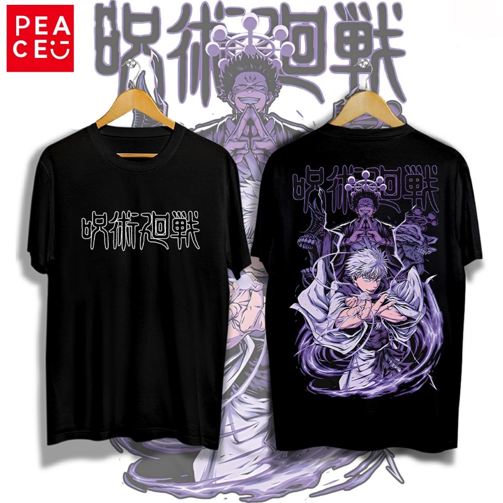 เสื้อยืดสีดำ  PEACE® anime T-Shirt Unisex Baju gojo vs sukuna jujutsu kaisen Black cotton men's T-sh