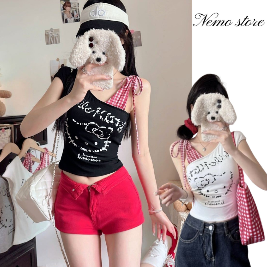 Nemo store🌸#FY5118 เสื้อกล้าม ลายแมวสาว เสริมฟองน้ำ สีสดใส ใส่สบายมาก เสื้อผู้หญิง
