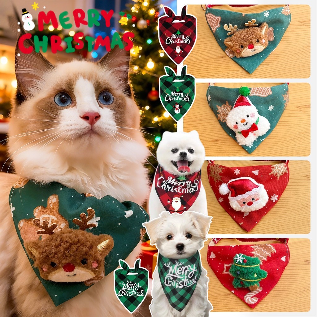 ปลอกคอผ้าพันคอสามเหลี่ยม เครื่องประดับคริสต์มาสแมวน่ารัก แต่งตัวคริสต์มาส ปลอกคอสุนัข ลายกวางสีแดง