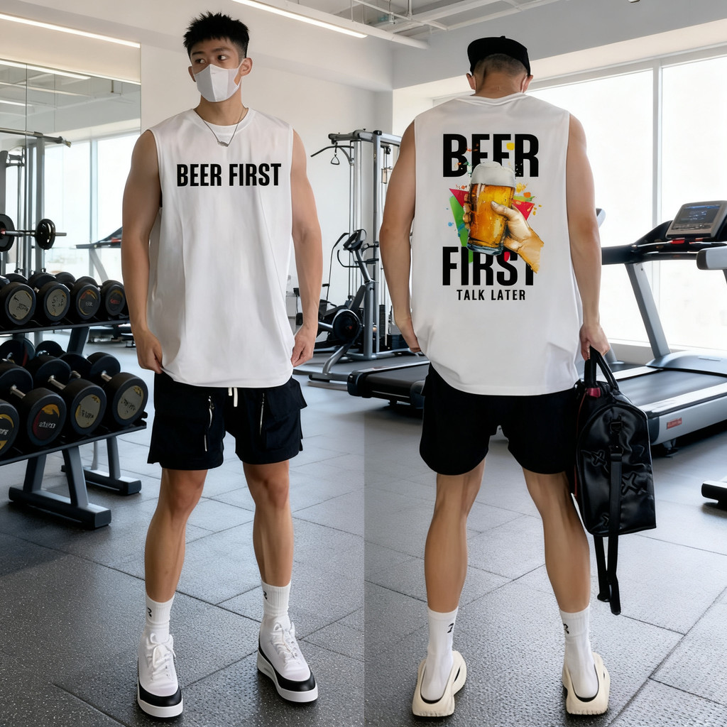 TeeTwoOneเสื้อยืด แขนกุด เสื้อกีฬา วินเทจอเมริกัน ผ้าCotton100%เหมาะกับใส่ออกกําลังกายtank top menพิมพ์ลาย 'BEER FIRST“