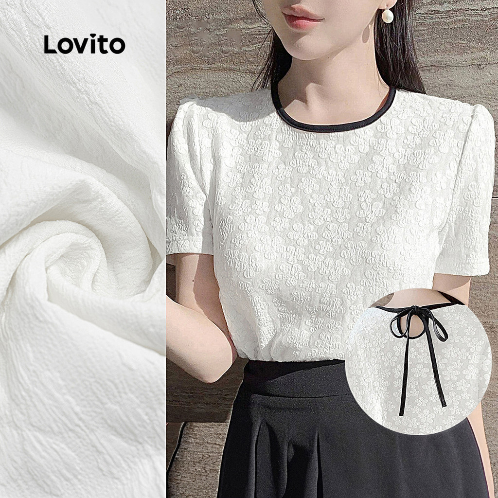 Lovito เสื้อลําลอง สีตัดกัน การผูกมัด Tie กลับโบว์ พื้นผิวพื้นผิวพื้นผิวพื้นผิว ผ้าฤดูร้อน/ฤดูใบไม้ผลิเสื้อสําหรับผู้หญิง L129AD1038