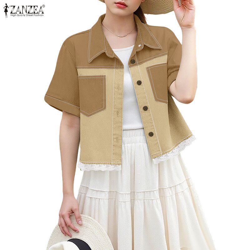 ZANZEA สไตล์เกาหลีสำหรับสาวๆ ดีไซน์ทันสมัย กับลายพรางคอนทราสต์และลา펠แขนสั้น