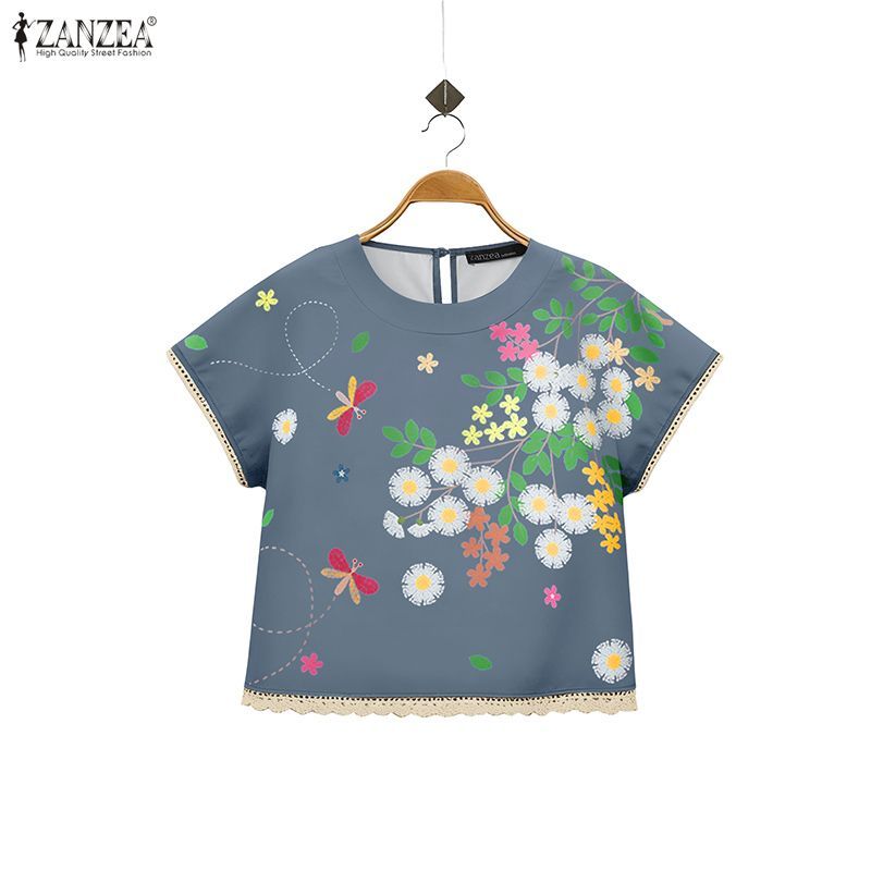 เสื้อผู้หญิงสไตล์วินเทจเกาหลี แขนลูกไม้พิมพ์ลายดอกไม้ ZANZEA