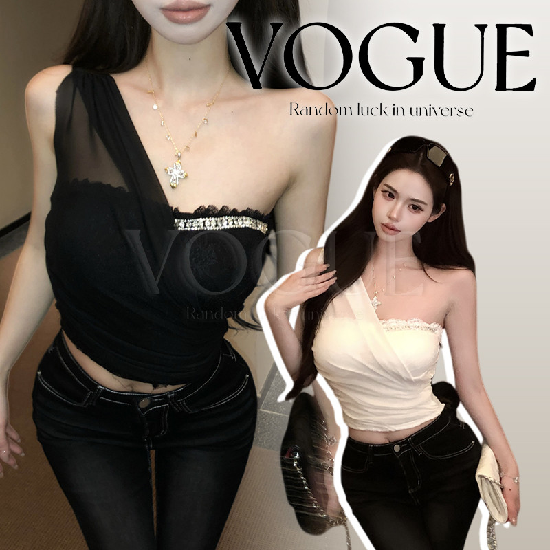 Vogue🌟พร้อมส่ง🌟 เสื้อกล้ามดีเทลแต่งสายคาด สีมินิมอลขาวดำ ทรงรัดรูป (FY2990)
