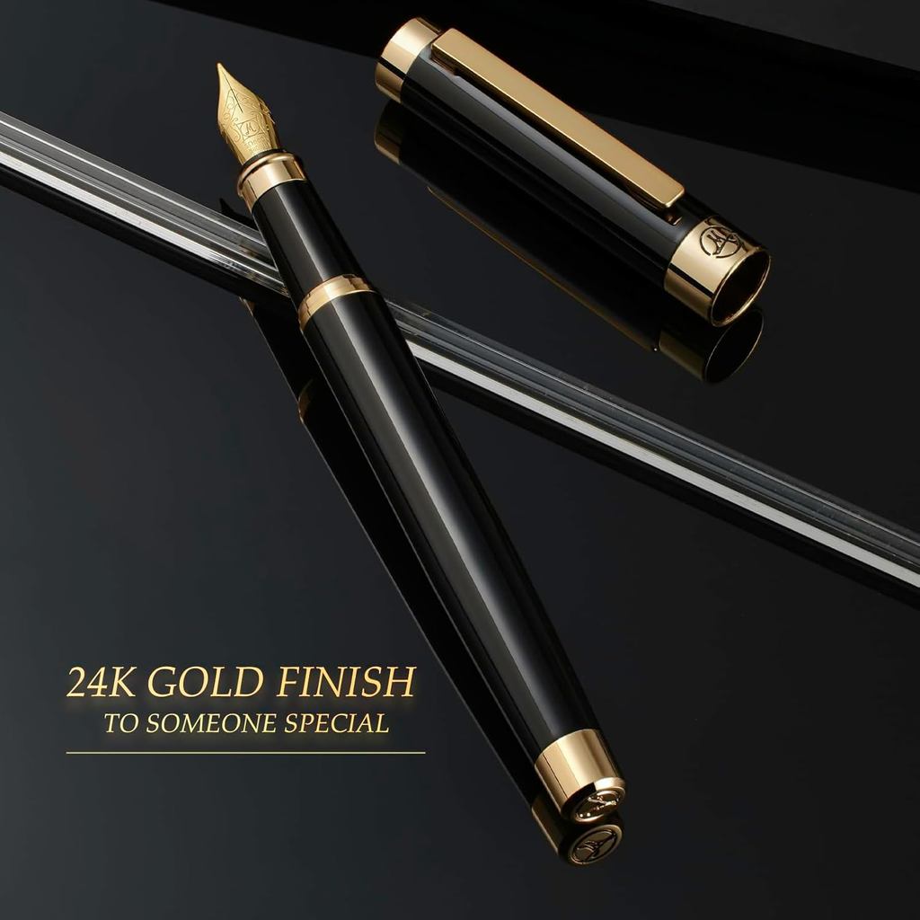 Black Lacquer Fountain Pen With 24K Gold Finish, Schmidt 18K Gilded Nib (Medium),Converter, Luxury P