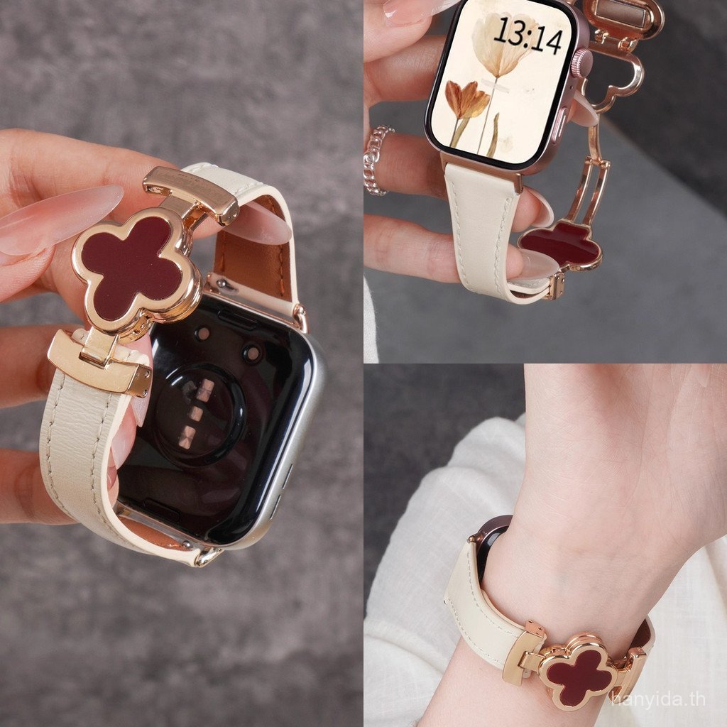 Four-leaf Cloverสายหนังแม่เหล็กสําหรับAmazfit BIp 6 5 5 Unity Bip 3 3 Pro Smartwatch Bandผู้หญิงสายรัดข้อมือสําหรับAmazfit GTS 4 3 2 Mini Amazfit Activeสายรัด