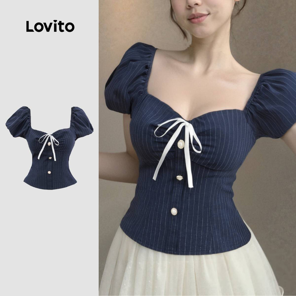 Lovito เสื้อเบลาส์หรูหรา ประดับมุก โบว์ เนื้อผ้าดี ทรงสวย ทรงเสื้อเบลาส์สีน้ำเงินกรมท่า สำหรับผู้หญิง L137LD131