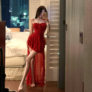 Hotpink ส่งจาก Bangkok🔥 ชุดเดรสแฟชั่นผู้หญิง ชุดเดรสผ่าท่อนบนของสาวร้อน กระโปรงยาวกลางผ่าผ่าไม่ปกติ