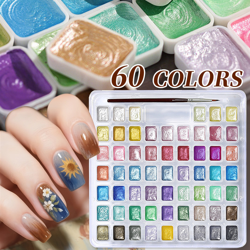 60 สี Pearlescent Solid สีน้ําชุดสําหรับวาดภาพวาดเขียนเล็บ Art Creation Art Supplies