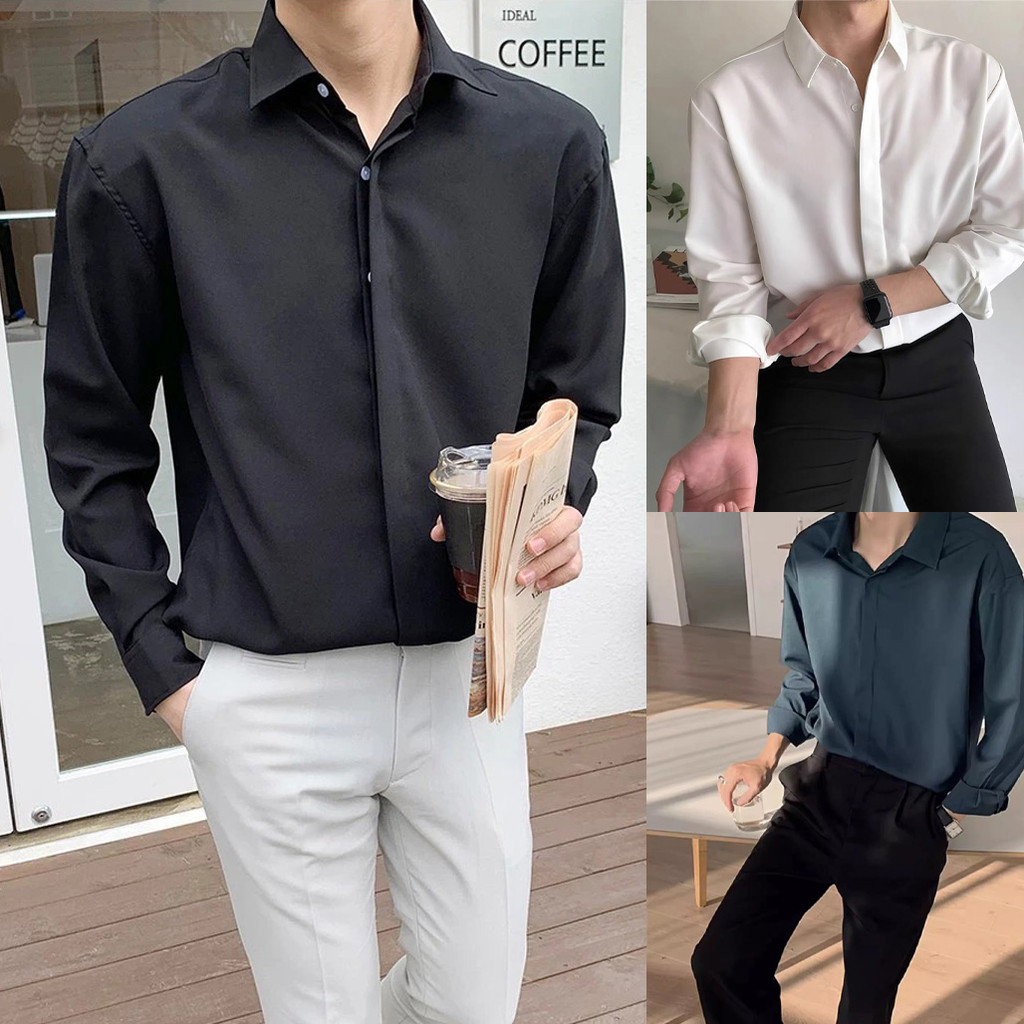 รุ่นขายดี! เสื้อเชิ้ตแขนยาวสีพื้น คอปก เสื้อใส่ทำงาน ชุดนักศึกษา ดีไซน์ซ่อนกระดุม ผ้านุ่มลื่น สวมใส่สบาย