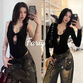 Fariy🍒คลังสินค้าพร้อม🍒 เสื้อยืดคอวีแขนกุดดีไซน์เก๋ไก๋สำหรับผ…