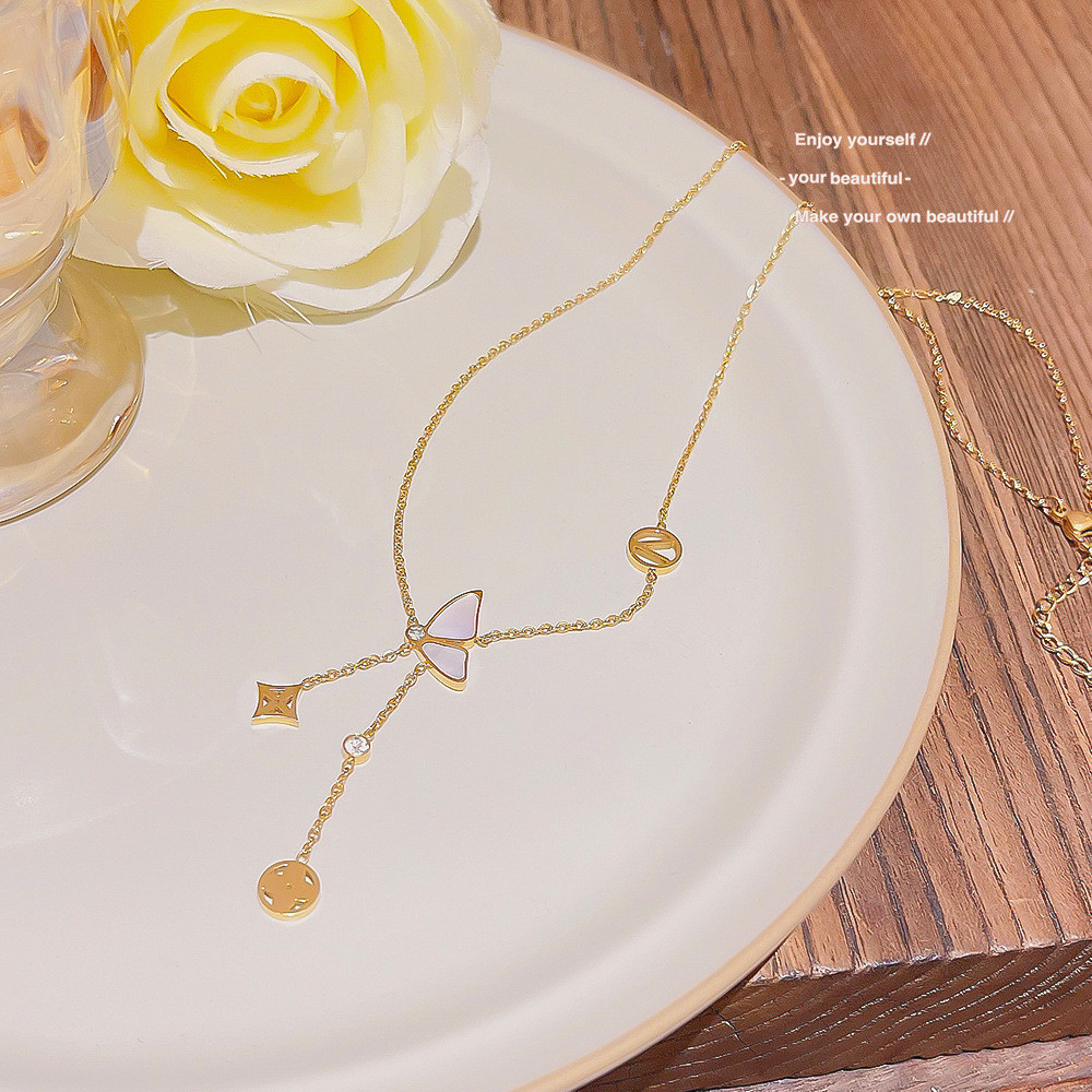 สร้อยคอผีเสื้อ 여성 แบบคลาสสิกสำหรับทุกรูปทรง สร้อยจี้สไตล์คลาวิเคิล อัญมณีเสริมความหรูหรา DQN