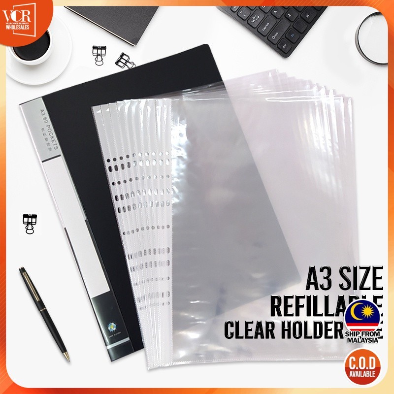 Kaki Jimat A3 Clear Holder File Refillable Strong Hold High ความหนาเอกสาร Protector Display Book Fil