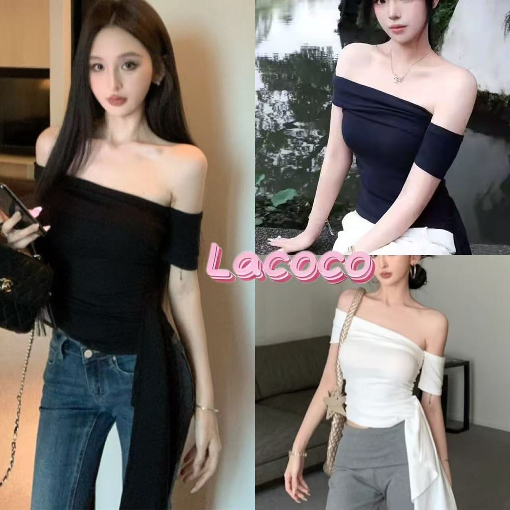 Lacoco คลังสินค้าพร้อม เสื้อยืดแขนสั้นเปิดไหล่สุดสวยและน่าดึงดูดสำหรับผู้หญิงพร้อมดีไซน์ริบบิ้นอันเป็นเอกลักษณ์