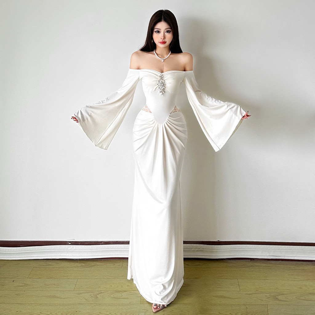 แปลก Puss Elegant Maxi Dress Slash คอแขนยาว Backless Shaped เอวห่อสะโพกผู้หญิงภาษาฝรั่งเศสคําแฟชั่นส