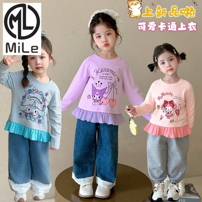 เสื้อยืดลายเย็บลูกไม้แขนยาวสำหรับเด็กหญิง ไซส์ 90-140 ซม. สไตล์ฤดูใบไม้ผลิและใบไม้ร่วง