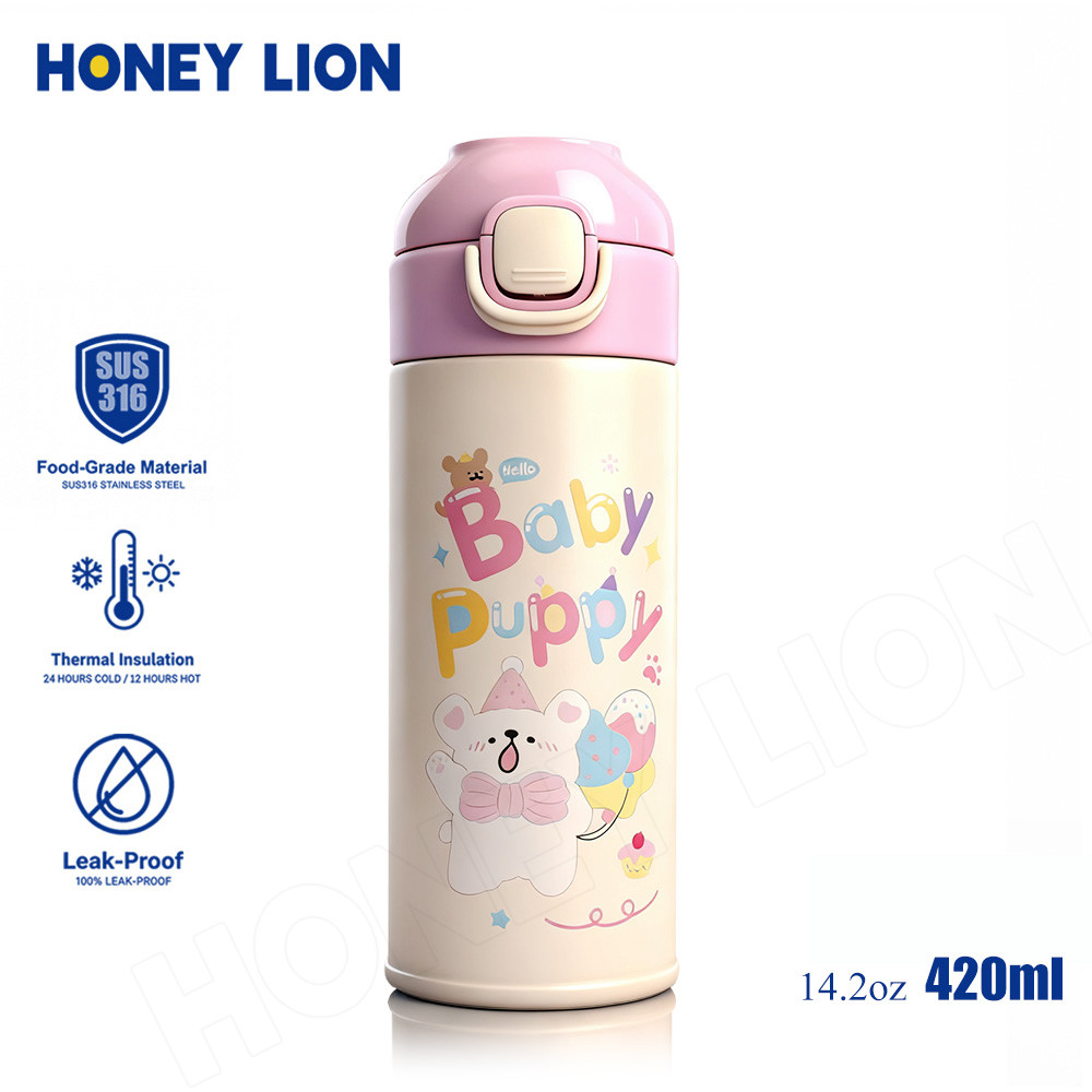 HoneyLion กระติกน้ำ เด็ก ปลอดภัย BPA ลายลูกหมา สแตนเลส 316 420ml - กันรั่ว เก็บความเย็น 12ชม. เปิดปิดหนึ่งกด ไปโรงเรียน