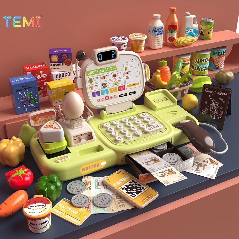 TEMI เด็กการศึกษาของเล่นลงทะเบียนเงินสดชุดของเล่นซูเปอร์มาร์เก็ต Casher แกล้งเล่นช้อปปิ้งสาวของขวัญ