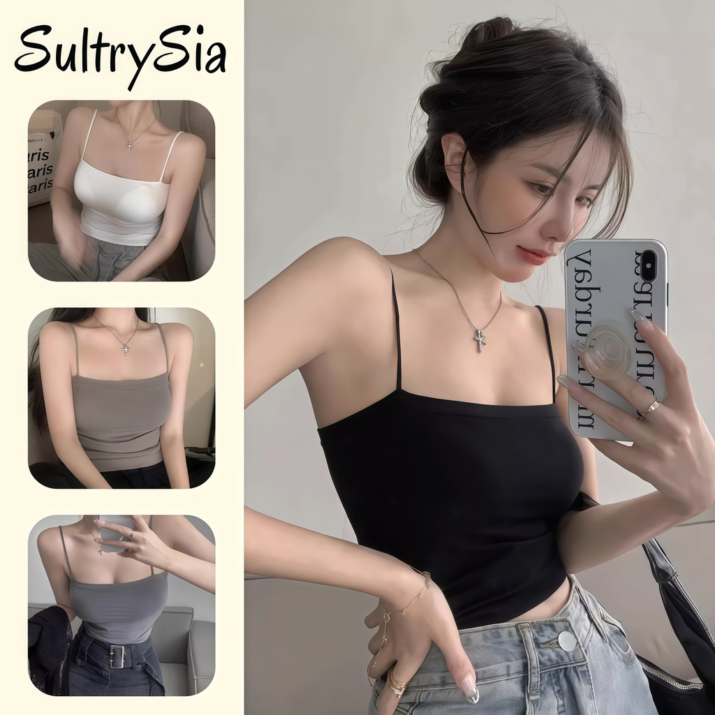 SultrySia สายเดี่ยว สีทึบ ด้วยฟองน้ำ ผ้าสบาย สไตล์เกาหลี เสริมฟองน้ำ