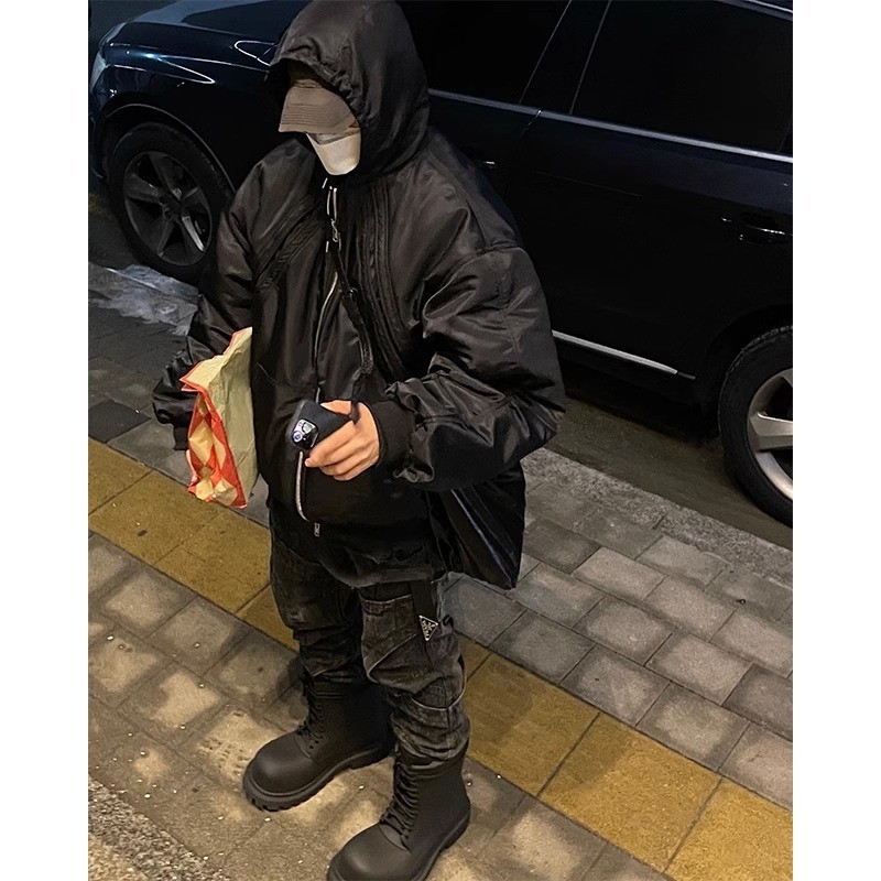 QYGS FAR ARCHIVE VIBE Zipper Functionality MA1Bomber Jacket Cotton Jacket Men's Winter Hooded Cotton