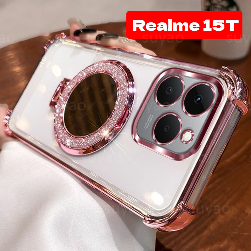 สําหรับRealme 15T 16 15 14 C85 2025 เคสโทรศัพท์กระจกผู้ถือแหวนTPU Clear ElectroplatedปลอกRealme15T T Pro Plus Realme16Pro + 14Tโปร่งใสกันกระแทกนุ่มปกหลัง
