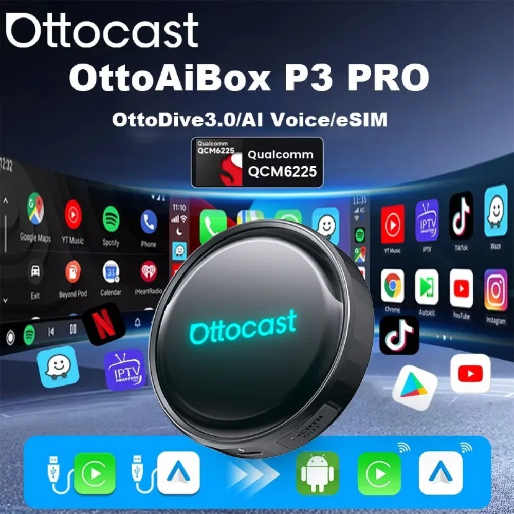 OTTOCAST P3 PRO Ai กล่อง Android 13 Qualcomm SM6225 128GB 8-Core HDMI Out ไร้สาย CarPlay Android อะแดปเตอร์วิดีโออัตโนมัติสําหรับ Youtube Netflix FOTA อัพเกรด